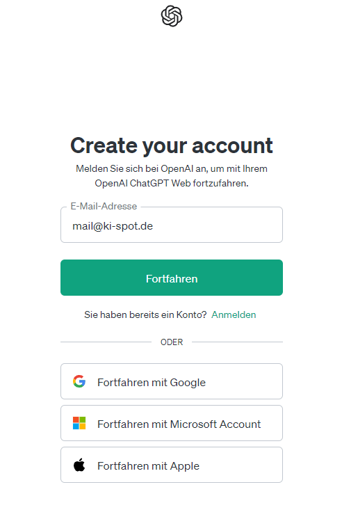Eingabe der E-Mail Adresse