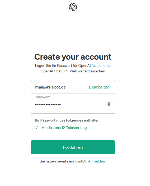 Eingabe eines Passworts mit aktuell 12 Stellen