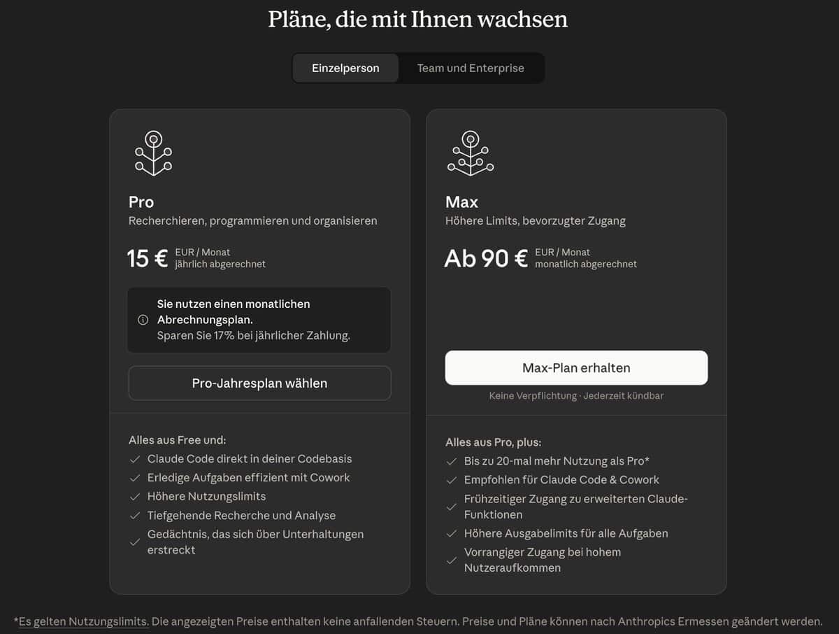 claude.ai/upgrade – Planauswahl mit Free, Pro, Max 5x und Max 20x im Vergleich