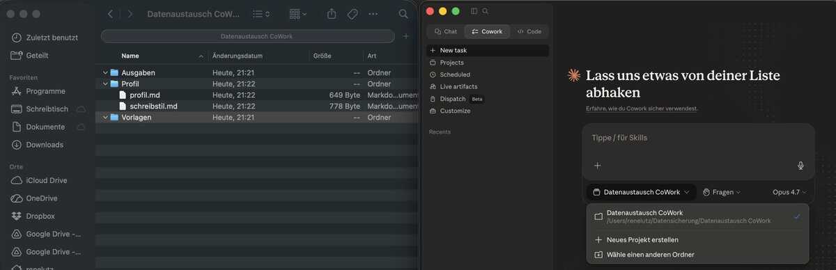 Claude 
  CoWork Ordnerstruktur im Finder mit Profil, Ausgaben und Vorlagen sowie verbundenem Ordner in der App
