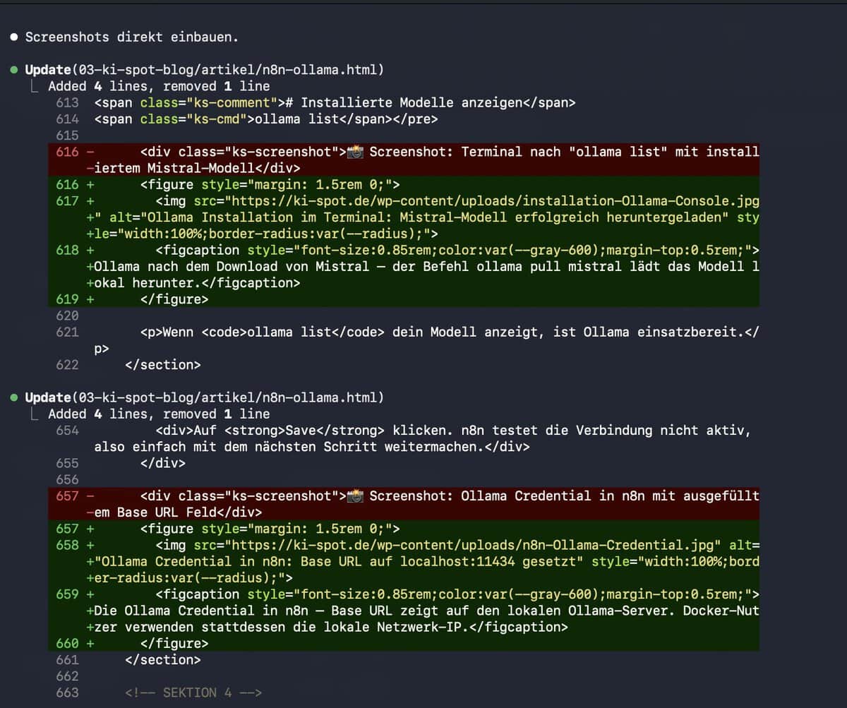 Claude Code bei der Bearbeitung von HTML-Dateien mit sichtbarem Datei-Output
