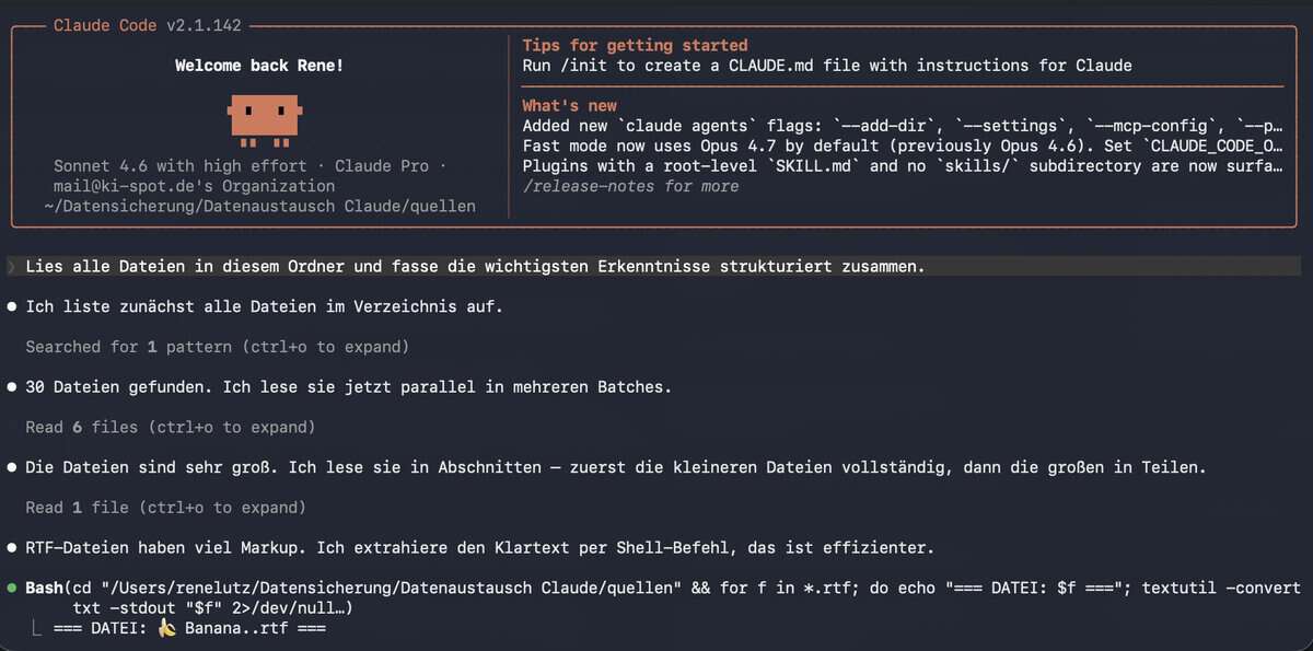 Claude Code analysiert Quelldateien und erstellt eine strukturierte Zusammenfassung