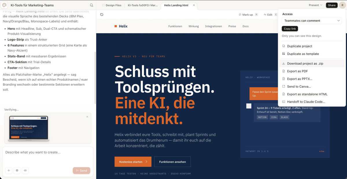Fertige Website-Ausgabe in Claude Design mit Export-Optionen