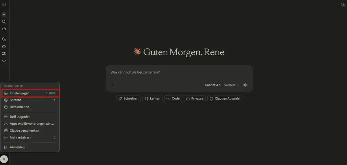 Claude.ai Einstellungen – linke Navigation mit allen neun Bereichen