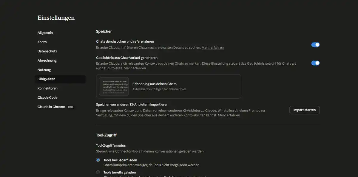 Claude Einstellungen Fähigkeiten – Speicher-Toggles und gespeicherte Erinnerungen