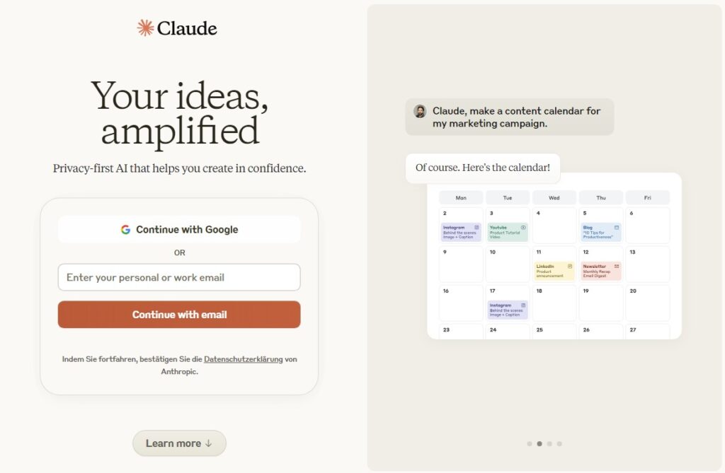 Der Startbildschirm von Claude