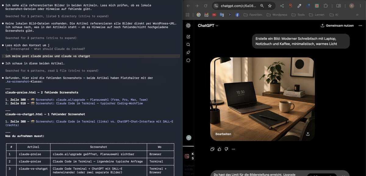 Claude Code im Terminal vs. ChatGPT mit GPT Image 2 Bildgenerierung – direkter Vergleich der Interfaces