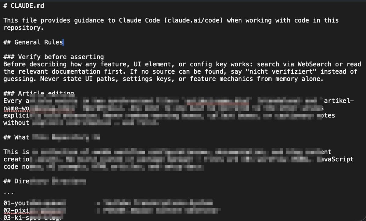 Claude Code CLAUDE.md-Datei im Blog-Workflow von ki-spot.de (anonymisiert)