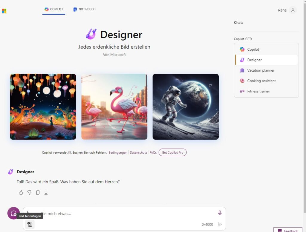 Der Startbildschirm von Copilot. Für das Klonen von Bildern nutzen wir die Funktion Designer und laden ein Cartoon hoch.