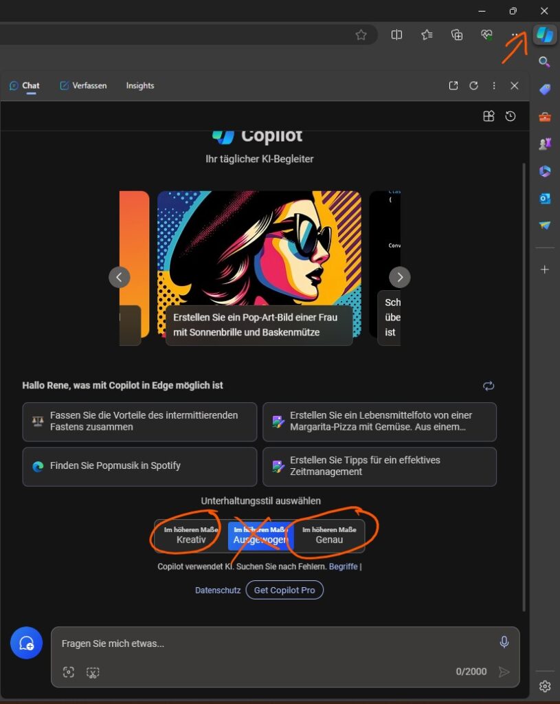 Screenshot von Microsoft Copilot im Edge-Browser, der den Hauptbildschirm mit einer farbenfrohen Pop-Art-Frau, Chat-Optionen, Sprachauswahl und Schaltflächen für die Kreativitätsebene in deutscher Sprache zeigt - perfekt für diejenigen, die chatgpt mit Copilot-Schnittstellen vergleichen.