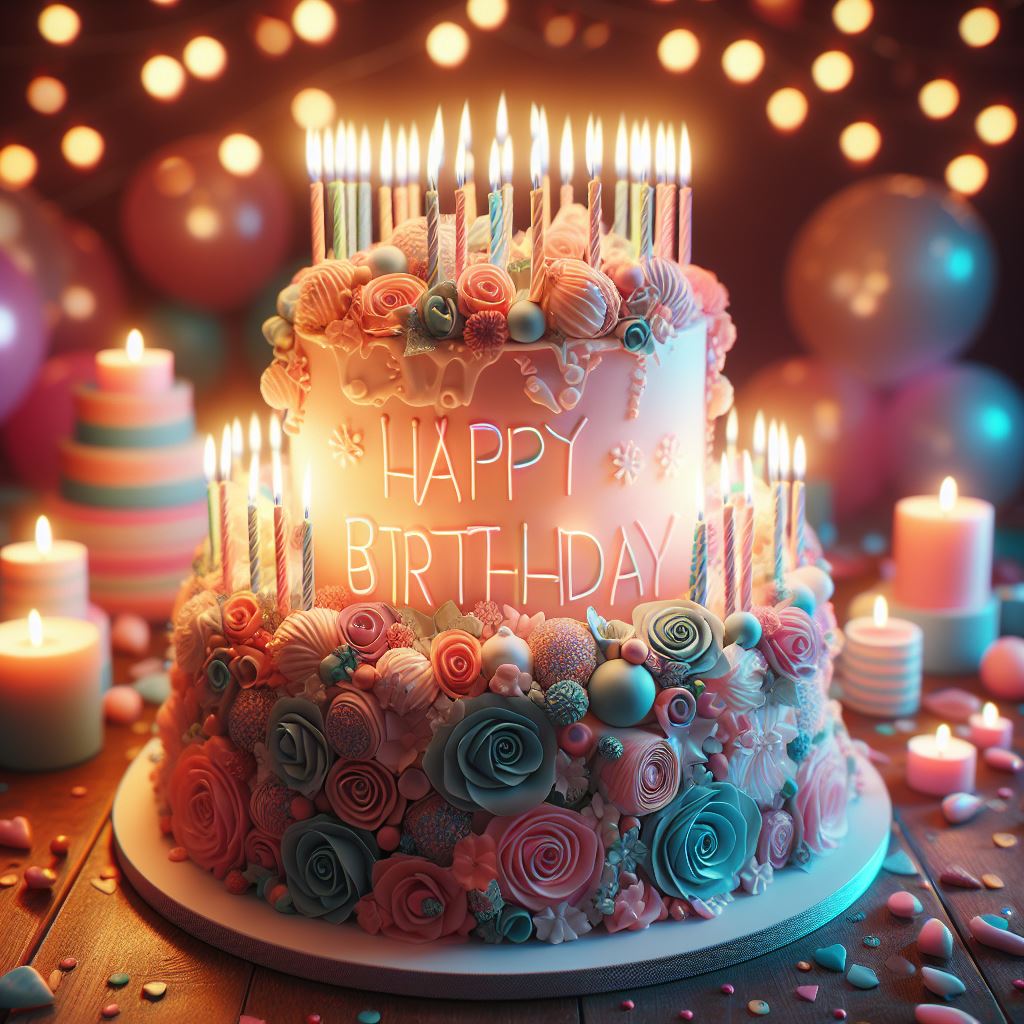 Eine zweistöckige Geburtstagstorte, verziert mit rosa und blauen Blumen, Kerzen und der Aufschrift "Happy Birthday". Die festliche Szene ist von Luftballons, Kerzen und Lichterketten umgeben - und kein einziger Rechtschreibfehler ist in Sicht.