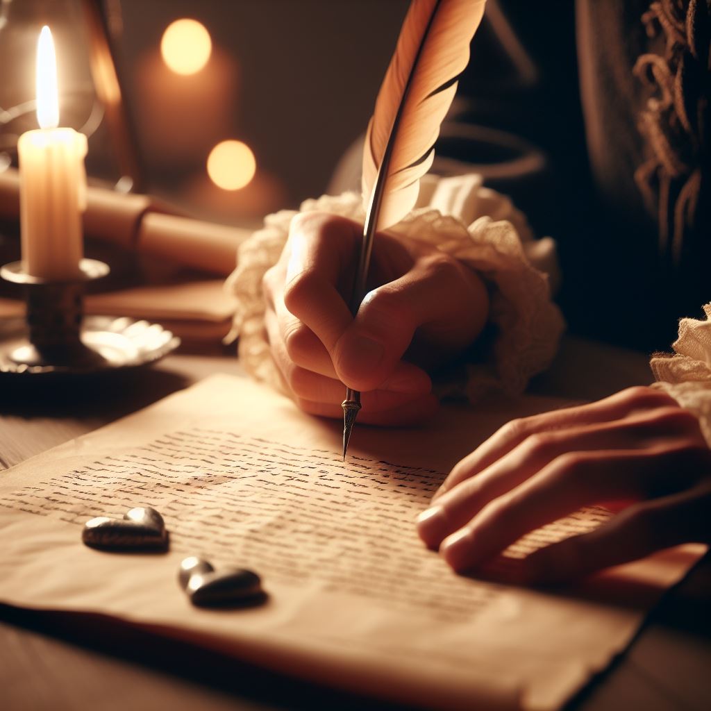 Eine Person schreibt im Kerzenschein mit einem Federkiel auf Pergament und achtet sorgfältig auf Ki-Rechtschreibfehler, während in der Nähe herzförmige Metallanhänger liegen, die eine warme, nostalgische Atmosphäre schaffen.