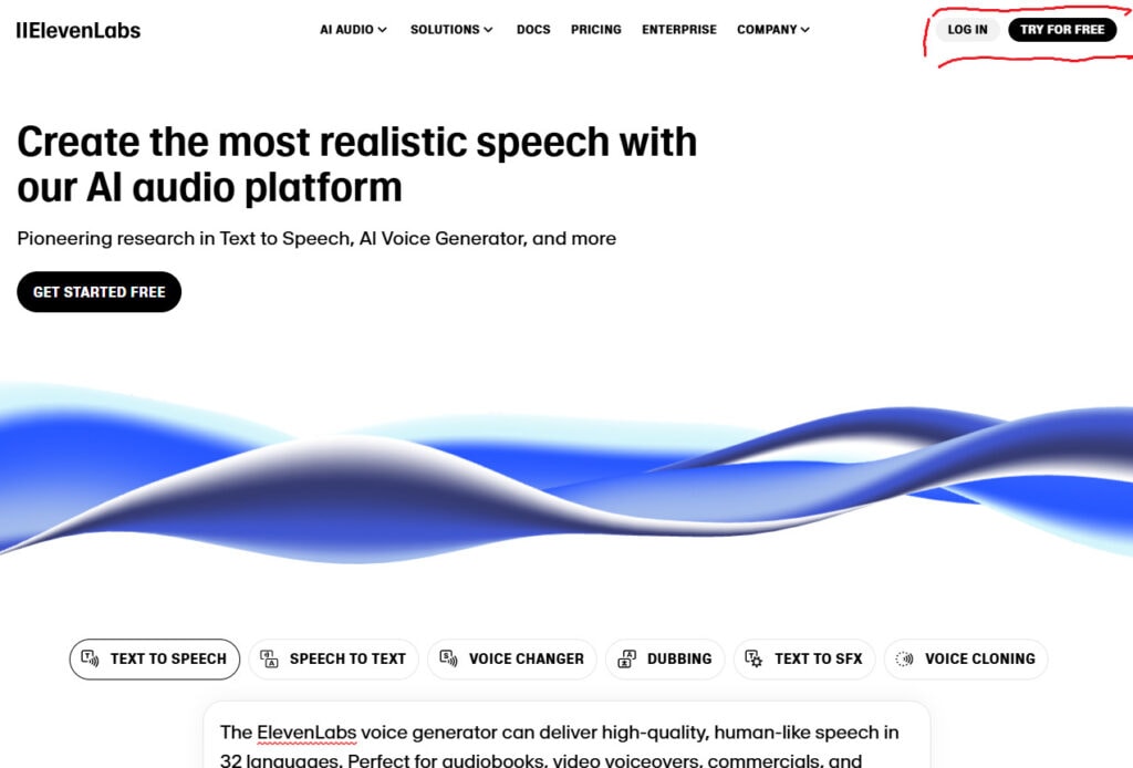 Der Startbildschirm von ElevenLabs. Logge dich ein oder melde dich neu an.