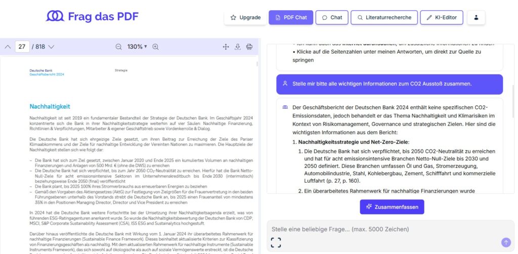 Screenshot der Fragdaspdf-Oberfläche: Auf der linken Seite wird eine PDF-Seite zum Thema Nachhaltigkeit angezeigt. Auf der rechten Seite erscheinen eine von der KI generierte Zusammenfassung und die wichtigsten Informationen aus der PDF-Datei in einem lila-weißen Feld.