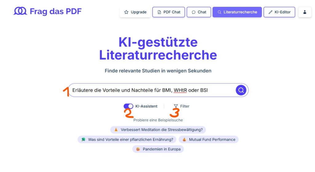Screenshot der Fragdaspdf-Website mit einer Suchleiste für die KI-gestützte Literaturrecherche. Die Seite bietet Optionen für PDF-Chat, Filter und Beispielsuchen unterhalb des Haupteingabefelds.