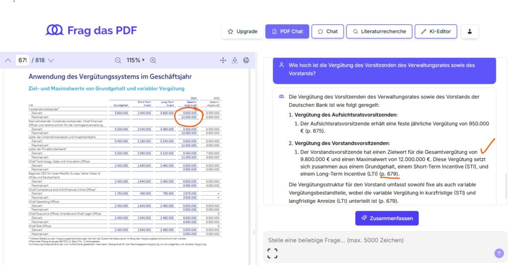 Screenshot von Fragdaspdf, einem PDF-Analysetool, das auf der linken Seite eine PDF-Seite mit einer Tabelle mit Finanzzahlen und auf der rechten Seite eine Übersicht über die Vergütung der Führungskräfte und des Vorstands der Deutschen Bank anzeigt.