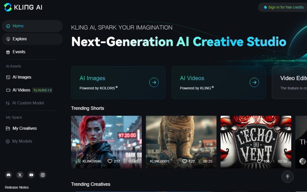 Die Startseite von Kling AI