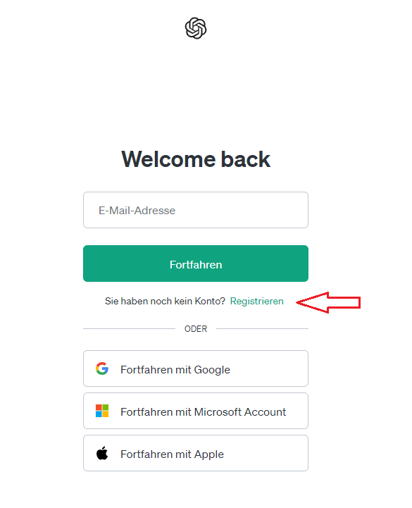 Der Login-Bildschirm von ChatGPT. Hier kannst du dich neu Anmelden.