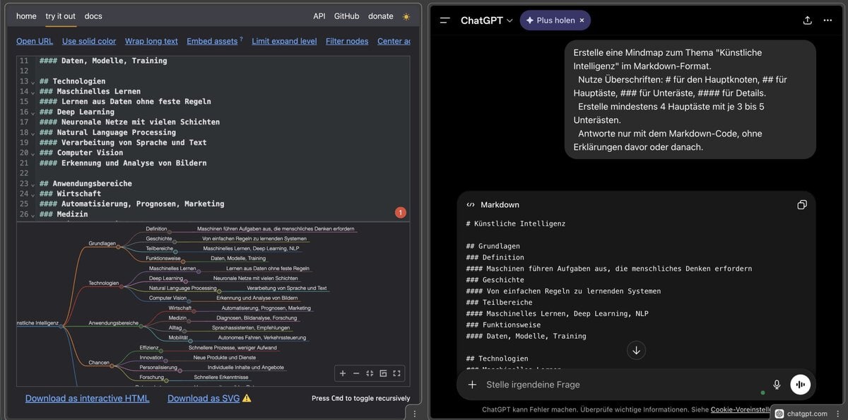 Screenshot: Workflow in zwei Fenstern: Links ChatGPT mit dem generierten Markdown, rechts Markmap mit der fertigen interaktiven Mindmap