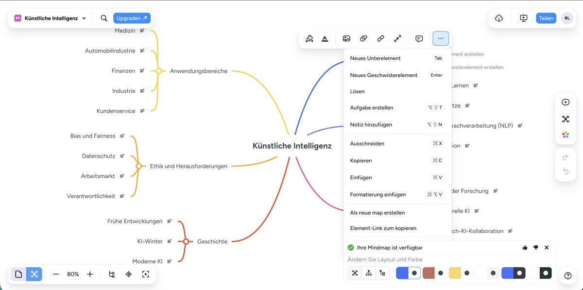 Screenshot: MindMeister KI-Feature: Bestehender Knoten wird per KI automatisch mit Unterpunkten erweitert