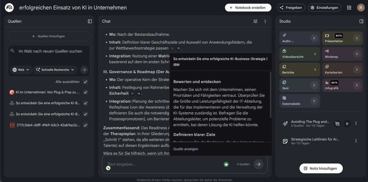 NotebookLM Chat: Quellenabzeichen bei jeder Antwort