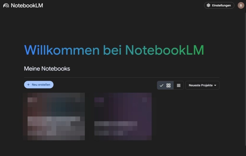 Der Startbildschirm von NotebookLM