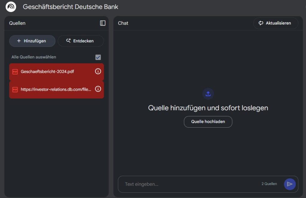 NotebookLM kann weder den Geschäftsbericht der Deutschen Bank als PDF-Datei noch als Link verarbeiten. FragDasPDF kann das ohne Probleme!