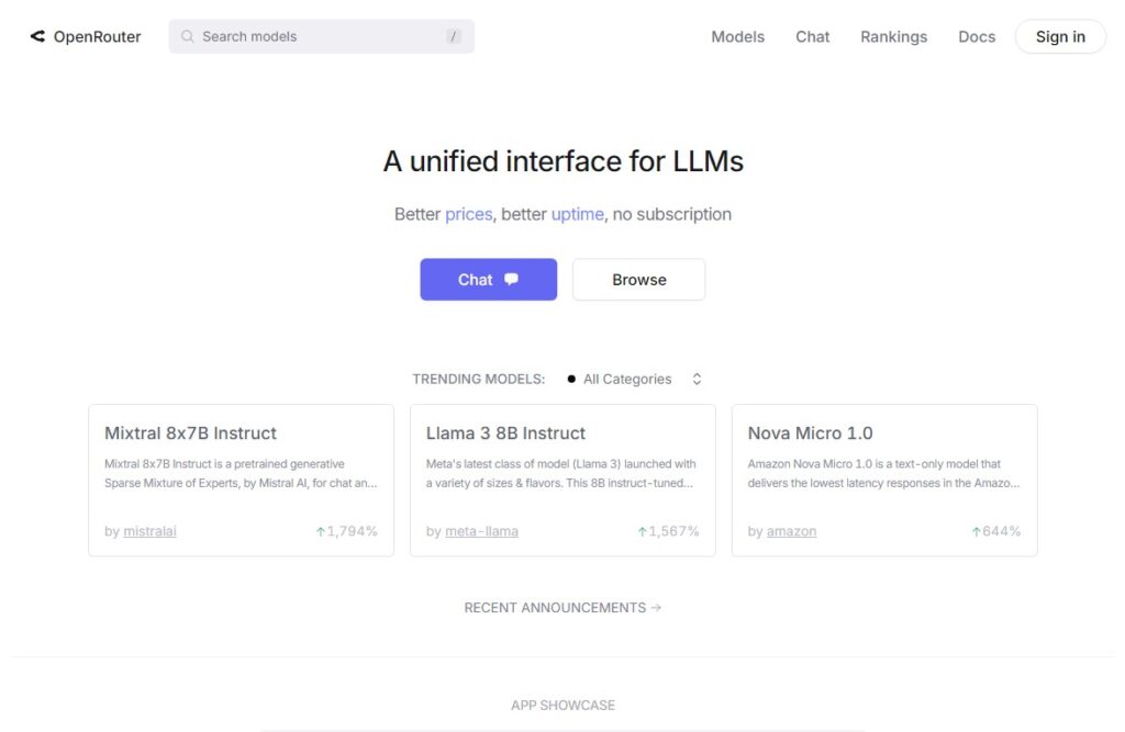 Der Startbildschirm von OpenRouter.ai