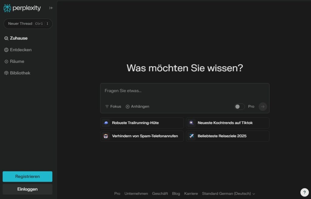 Der Startbildschirm von Perplexity