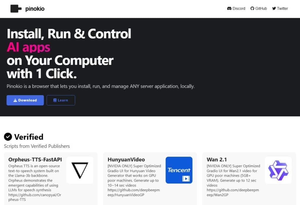 Die Startseite von Pinokio