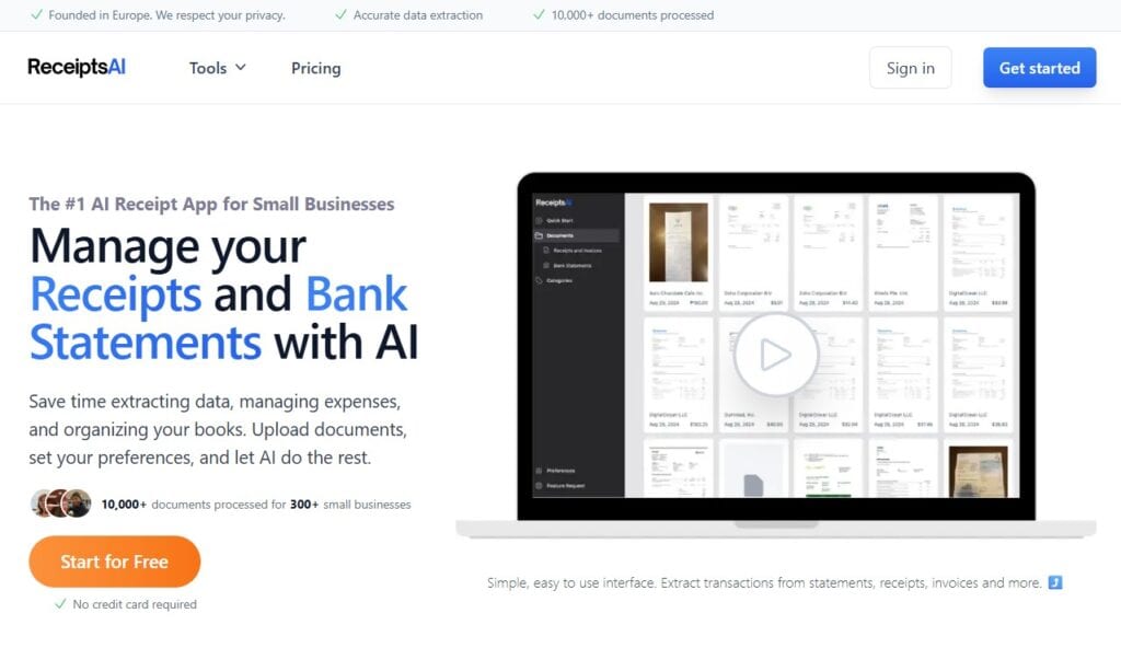 Das Bild zeigt die Receipts Startseite