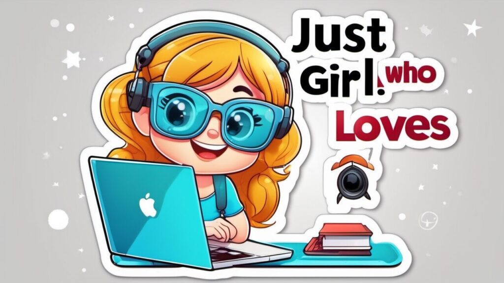 Ein fröhliches Cartoon-Mädchen mit großer blauer Brille und Kopfhörern sitzt an einem Laptop, umgeben von Büchern und einem Ideogramm 1.0 Symbol. Der Text lautet: Just a girl who loves. Der hellgraue Hintergrund zeigt Sterne und ein Webcam-Symbol.