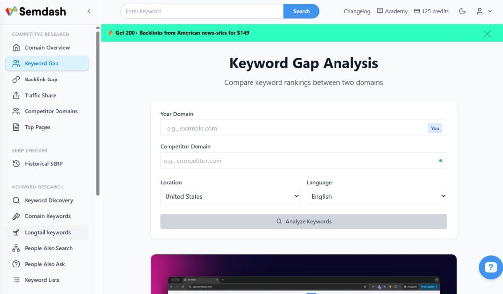 Die Keyword Gap Analyse mit SemDash