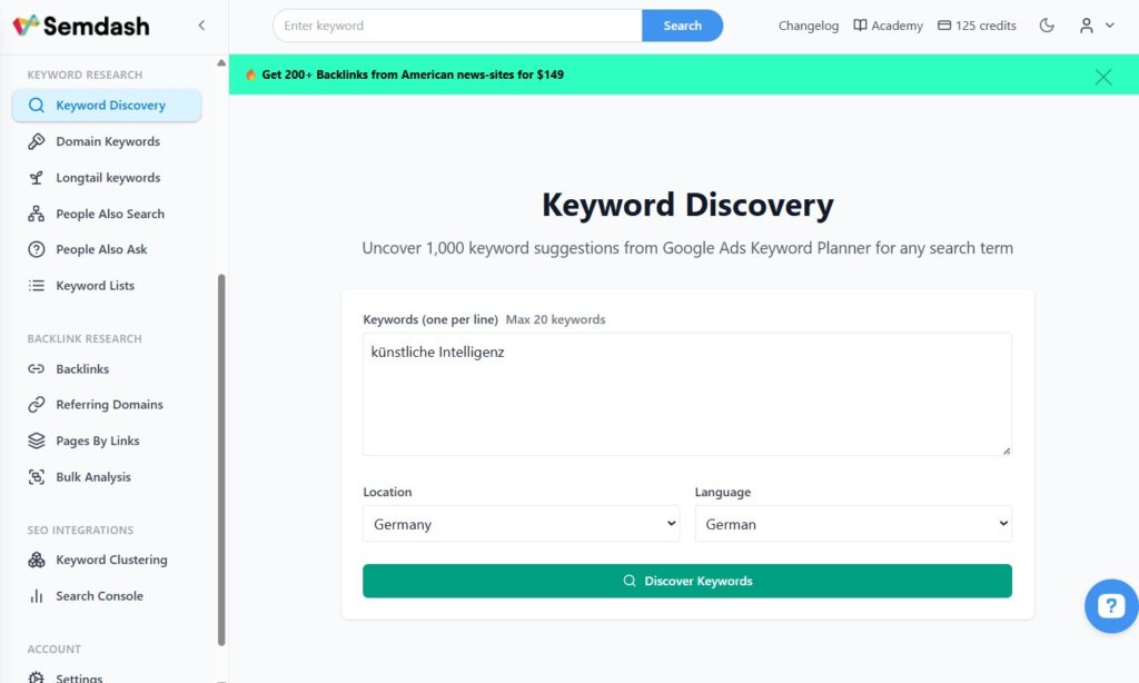 Die Keyword Recherche von SemDash