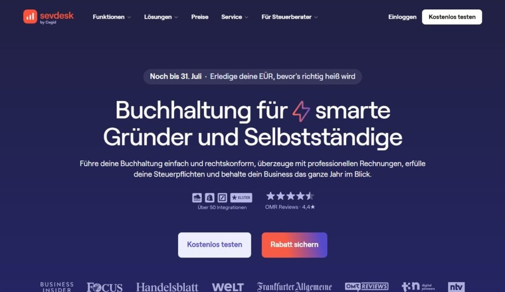 Das Bild zeigt die sevdesk Startseite