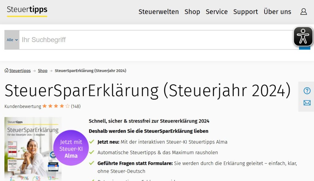 Das Bild zeigt die SteuerSparErklärung Startseite