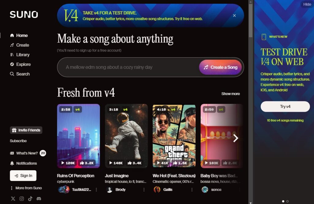 Der Startbildschirm von Suno