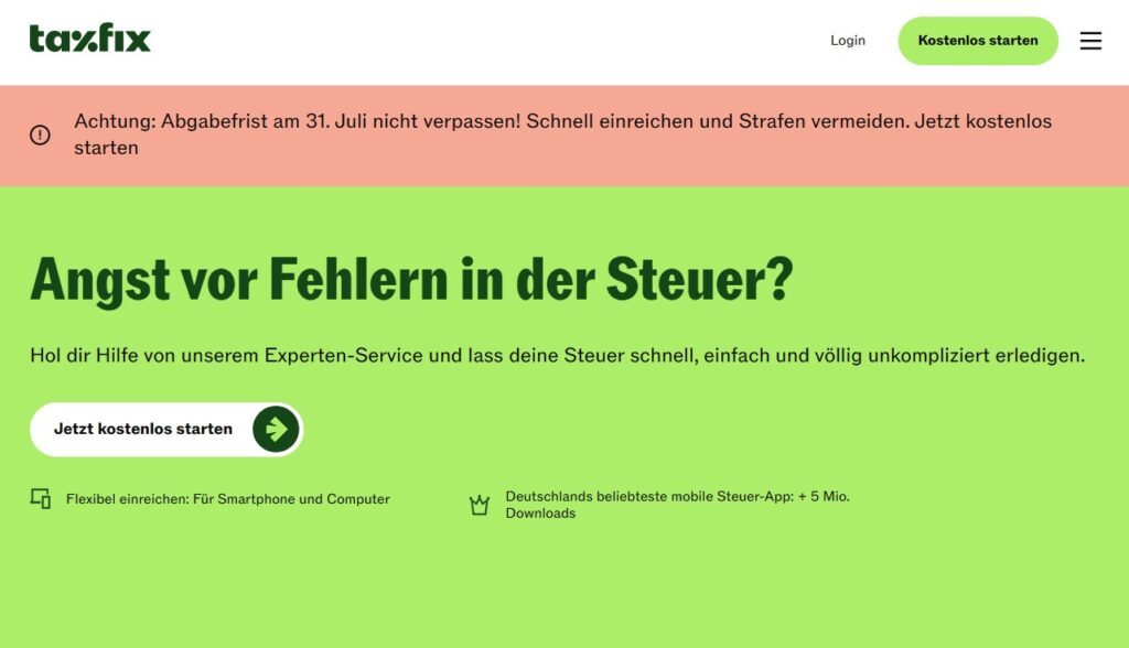 Das Bild zeigt die taxfix Startseite