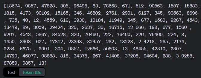 Darstellung der Token-IDs für den Beispieltext. Das ist die "interne Sprache" der LLMs