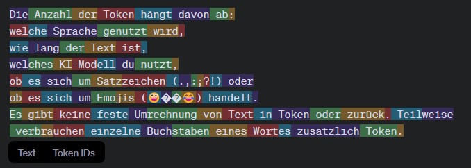 Das Ergebnis des Tokenizer für unseren Beispieltext