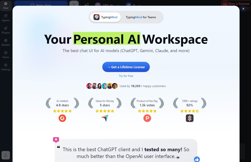 Der TypingMind Startbildschirm