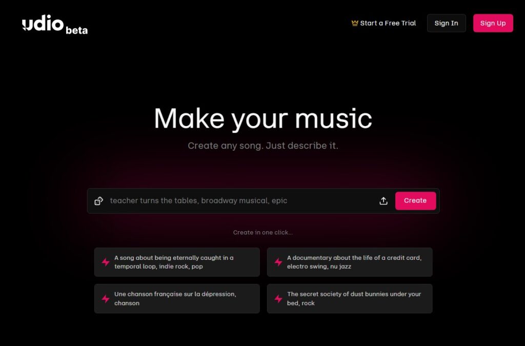 Die Startseite von Udio