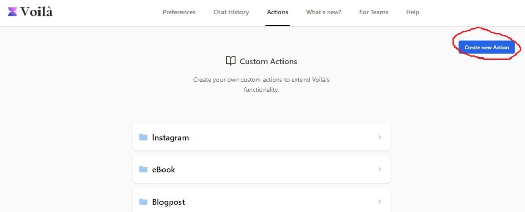 Eine neue Action mit Voilà.AI anlegen und speichern