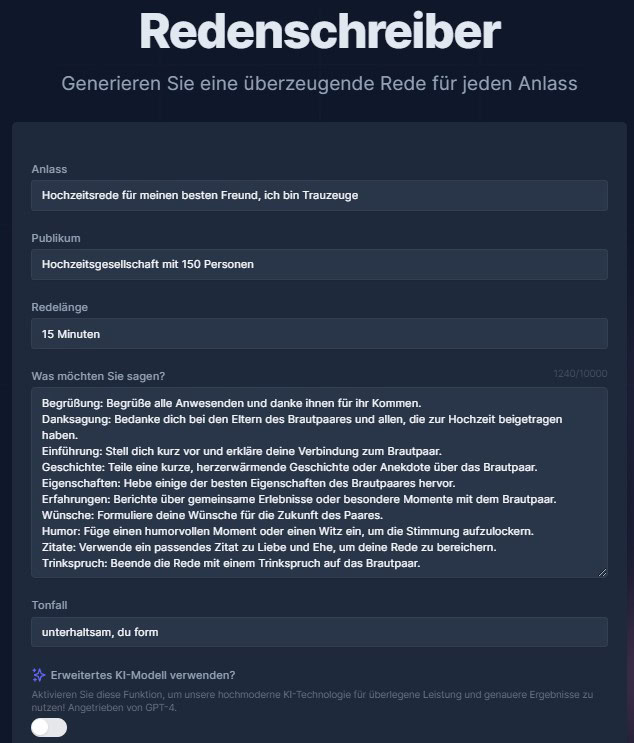 easy-peasy.ai für das Schreiben einer Rede mit KI