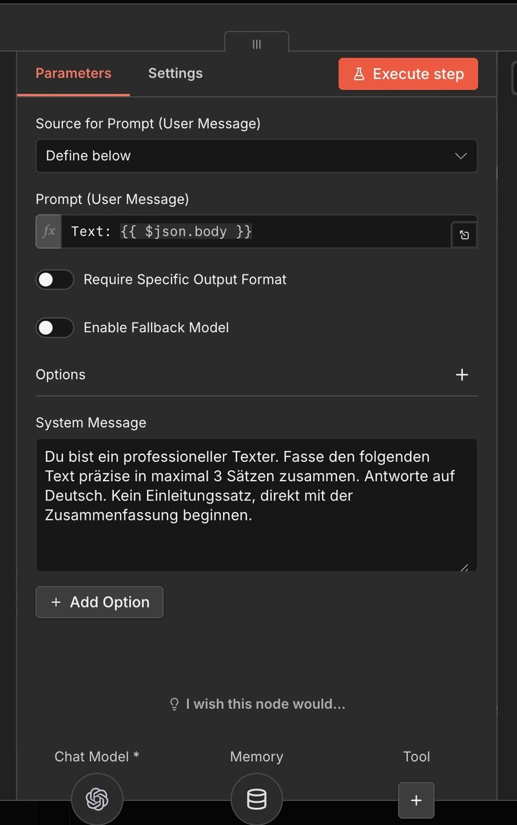 AI Agent Node in n8n mit verbundenem OpenAI Chat Model und Memory Node
