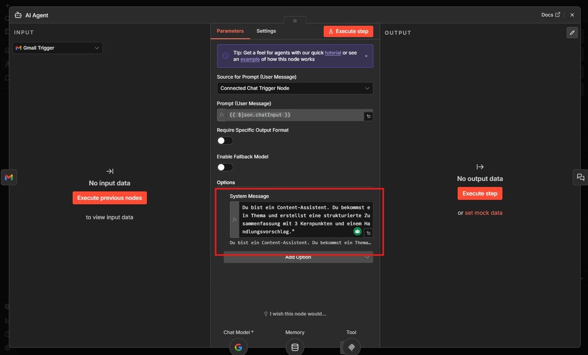 AI Agent Node in n8n: System Prompt Feld und Konfiguration mit Modell-Auswahl