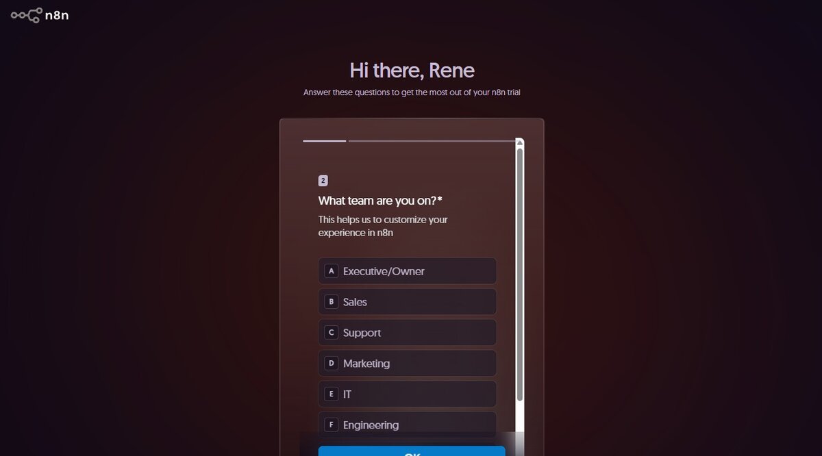 n8n Onboarding-Formular zur Eingabe des Instanz-Namens