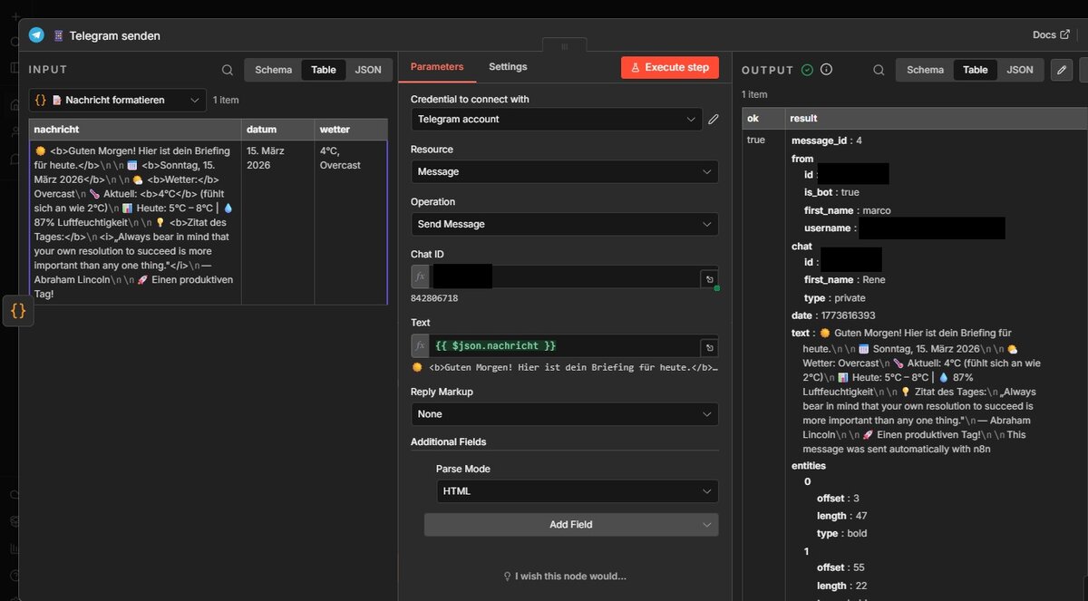 n8n Telegram Node mit Credential-Dialog