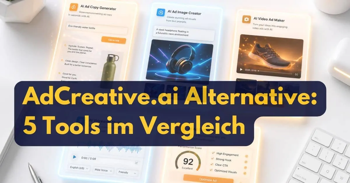 AdCreative.ai Alternative: 5 Tools im Vergleich über eine Collage von AI-Anzeigenerstellungstools (Text, Bild, Video, Voiceover und Optimierung).