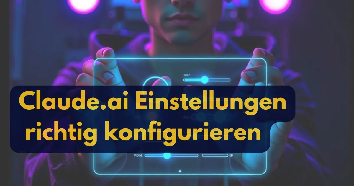 Eine Person interagiert mit einem futuristischen Tablet, das Claude.ai Einstellungen richtig konfigurieren in gelber Schrift auf dunkelblauem Hintergrund anzeigt.